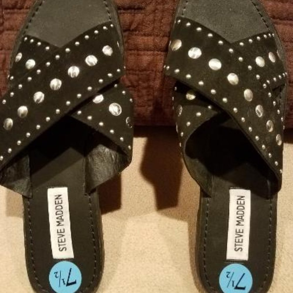 New Steve Madden black sandals with silver studs.